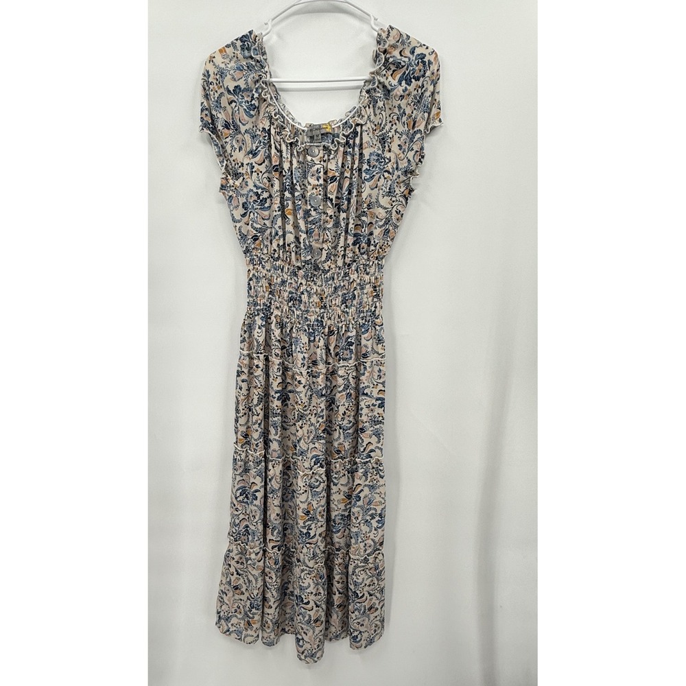Figueroa & Flower Size M Midi Dress Womens Blue Paisley Smocked Tiered Boho